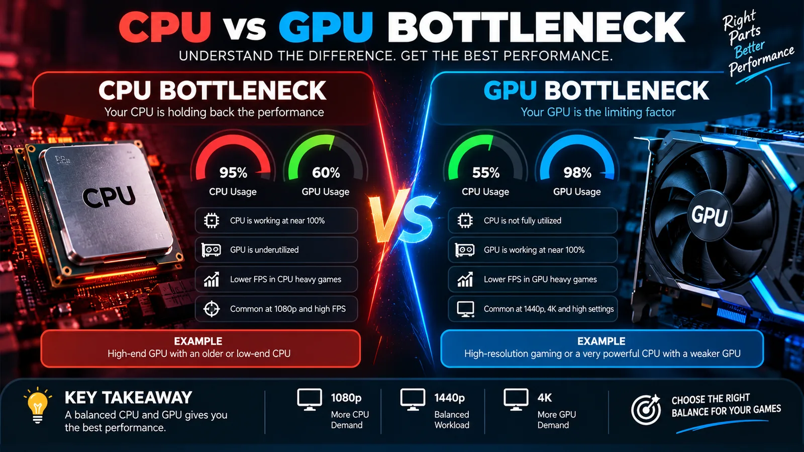 Illustration showing the difference between a CPU bottleneck where the GPU waits, and a GPU bottleneck where the GPU is fully utilized