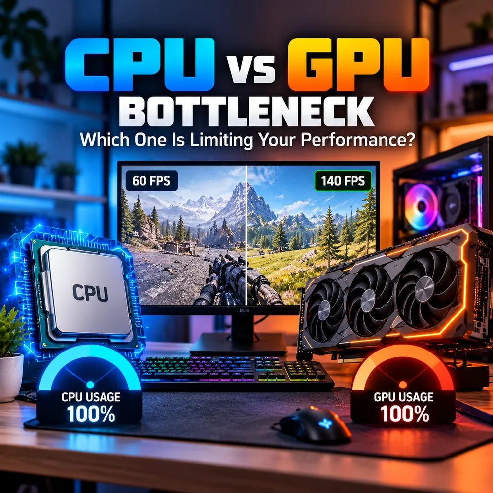 CPU versus GPU bottleneck graphic with a gaming PC, CPU and GPU usage gauges, and a 60 FPS versus 140 FPS split-screen comparison