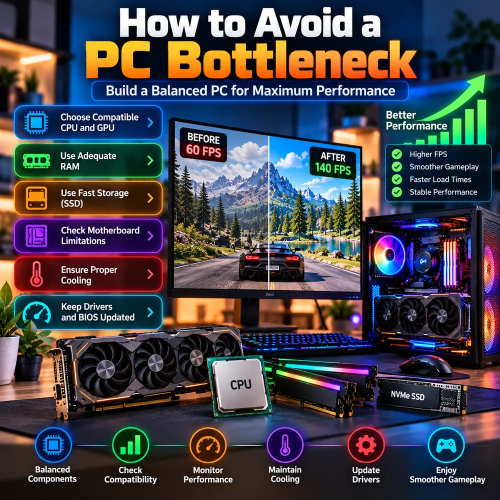 Guide to avoiding a PC bottleneck with six tips: choose compatible CPU and GPU, use adequate RAM, use fast SSD storage, check motherboard limitations, ensure proper cooling and keep drivers and BIOS updated