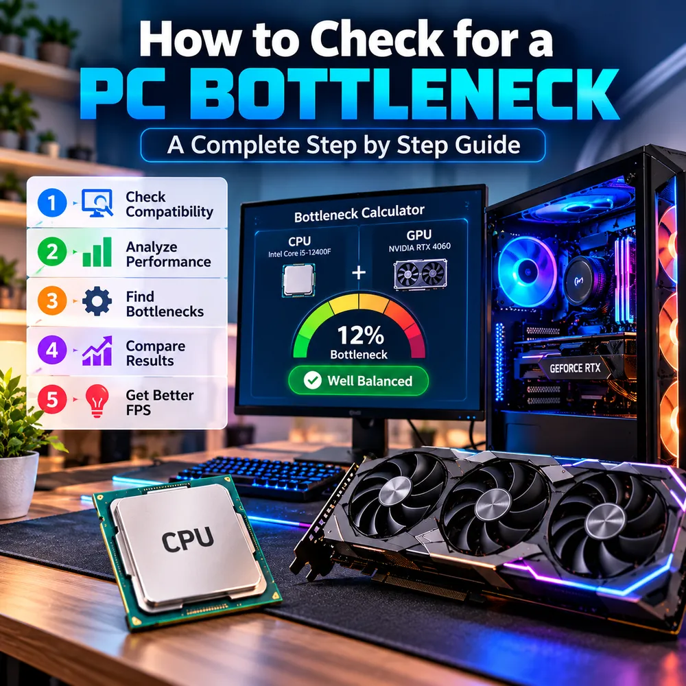 Step-by-step guide to checking for a PC bottleneck, listing five steps from checking compatibility to getting better FPS, beside a bottleneck calculator example on a monitor