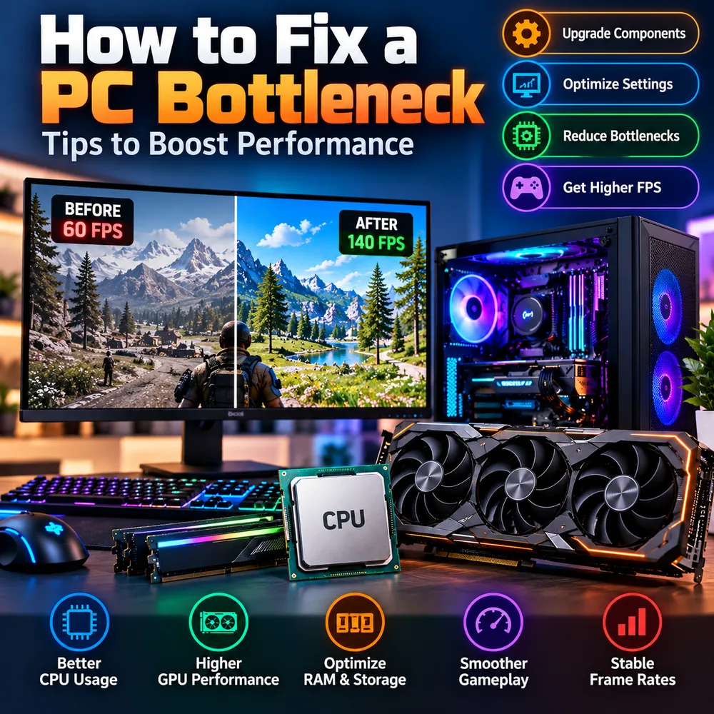 Before and after FPS comparison for fixing a PC bottleneck, showing 60 FPS before and 140 FPS after, with tips for upgrading components, optimizing settings and getting stable frame rates