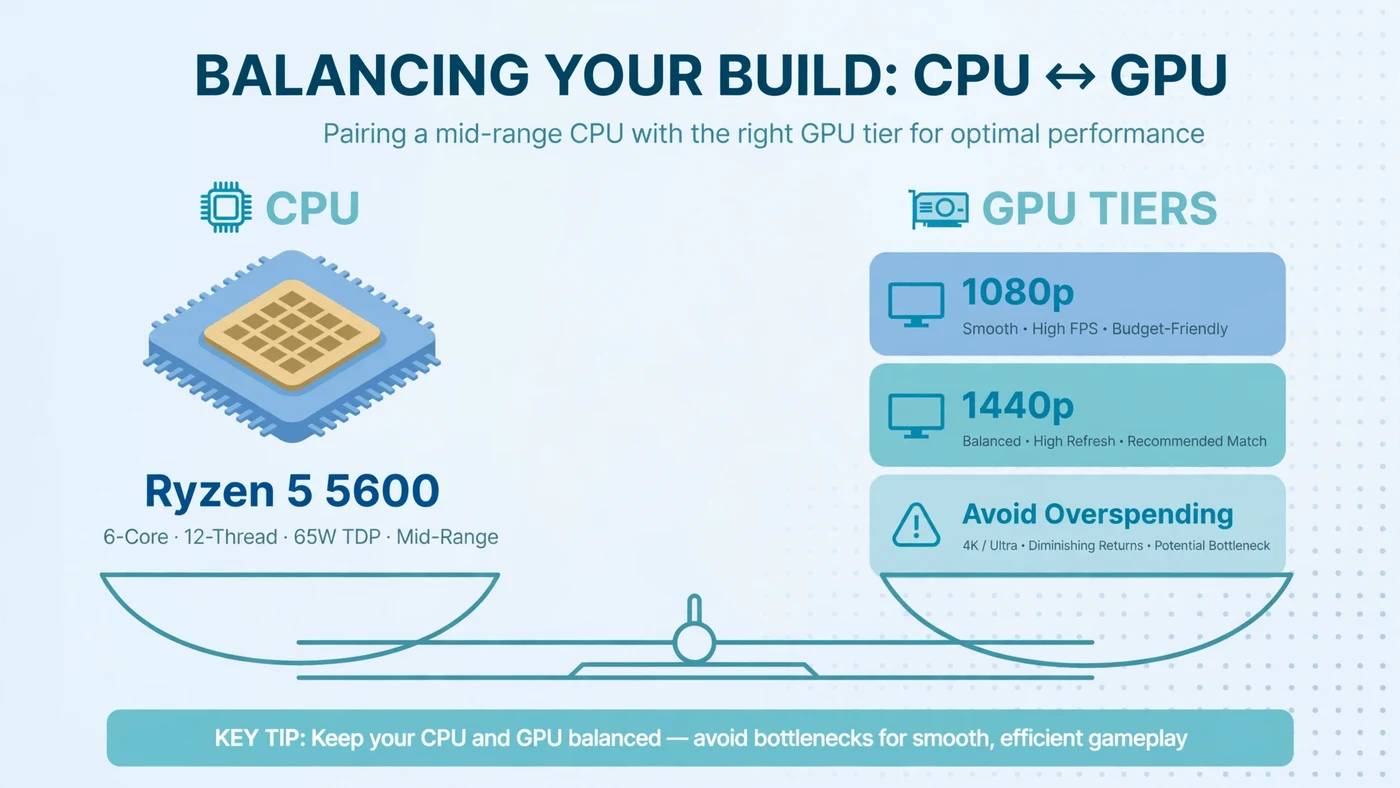Illustrative balance-scale diagram: a Ryzen 5 5600 processor chip, labelled 6-core, 12-thread, 65W TDP and mid-range, balanced against three graphics card tiers — 1080p described as smooth, high FPS and budget-friendly; 1440p as balanced, high refresh and the recommended match; and a warning tier, avoid overspending, for 4K and ultra settings with diminishing returns and a potential bottleneck