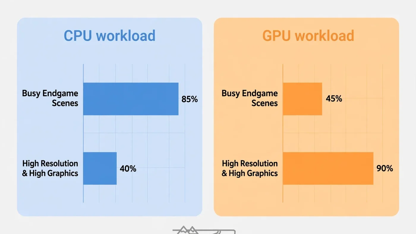 Illustrative CPU versus GPU workload diagram for Fortnite: in busy endgame scenes the blue CPU bar runs high while the orange GPU bar stays lower, and at high resolution with high graphics settings the pattern reverses, showing that Fortnite's bottleneck moves between the processor and the graphics card depending on the scene and settings