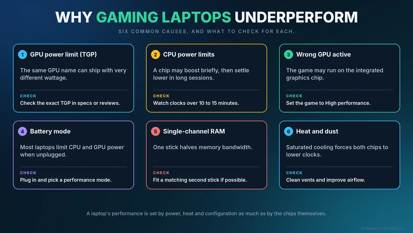 Infographic of the main causes of gaming laptop performance limits: power limits, heat and configuration