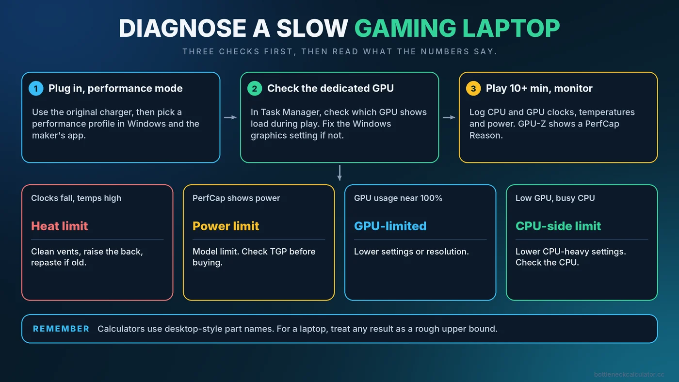 Diagnosis flowchart for a slow gaming laptop leading to heat limit, power limit, GPU-limited or CPU-side limit