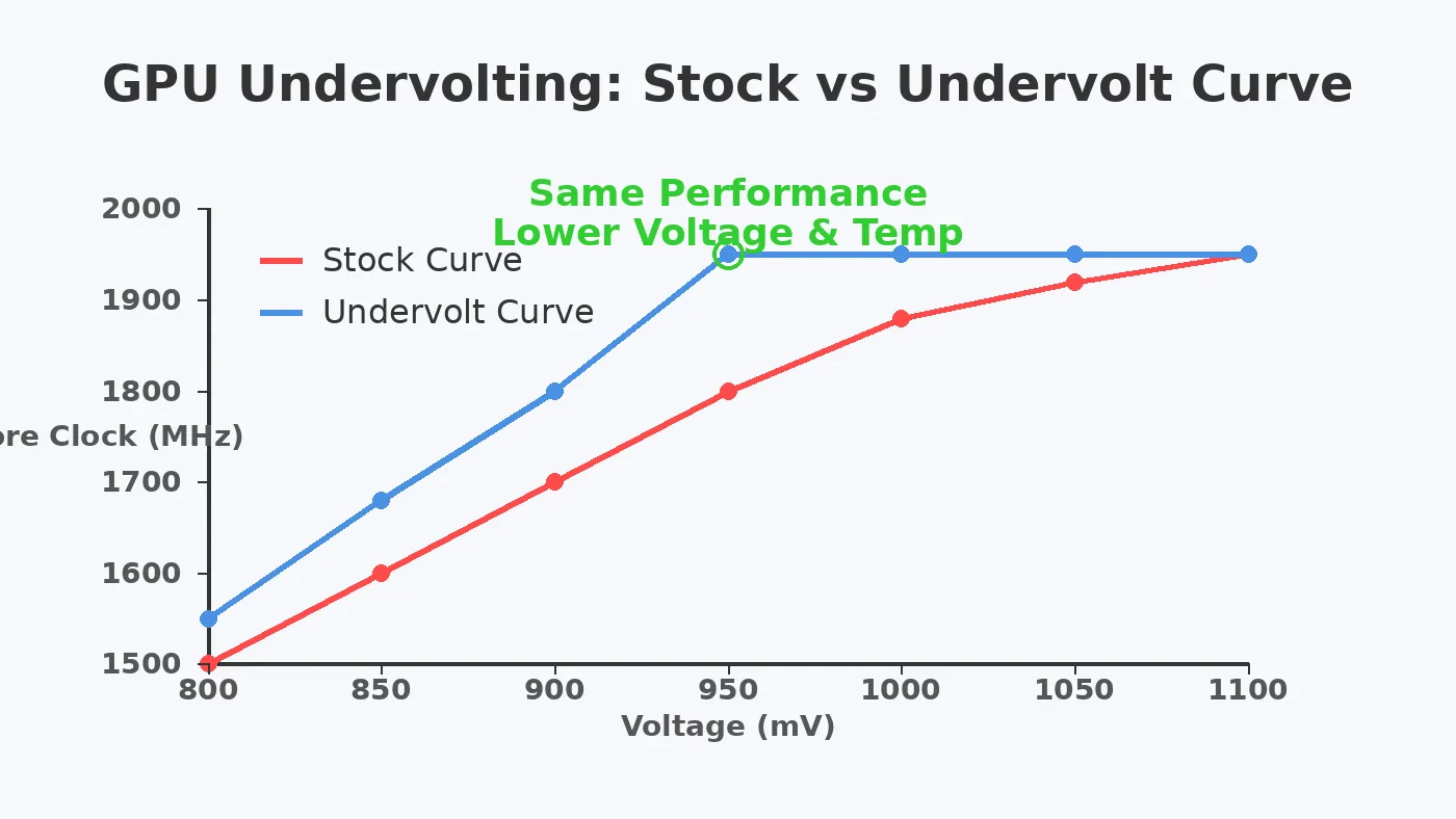Technical visual comparing a stock GPU voltage curve with an optimized undervolt curve showing identical max frequency at lower voltage