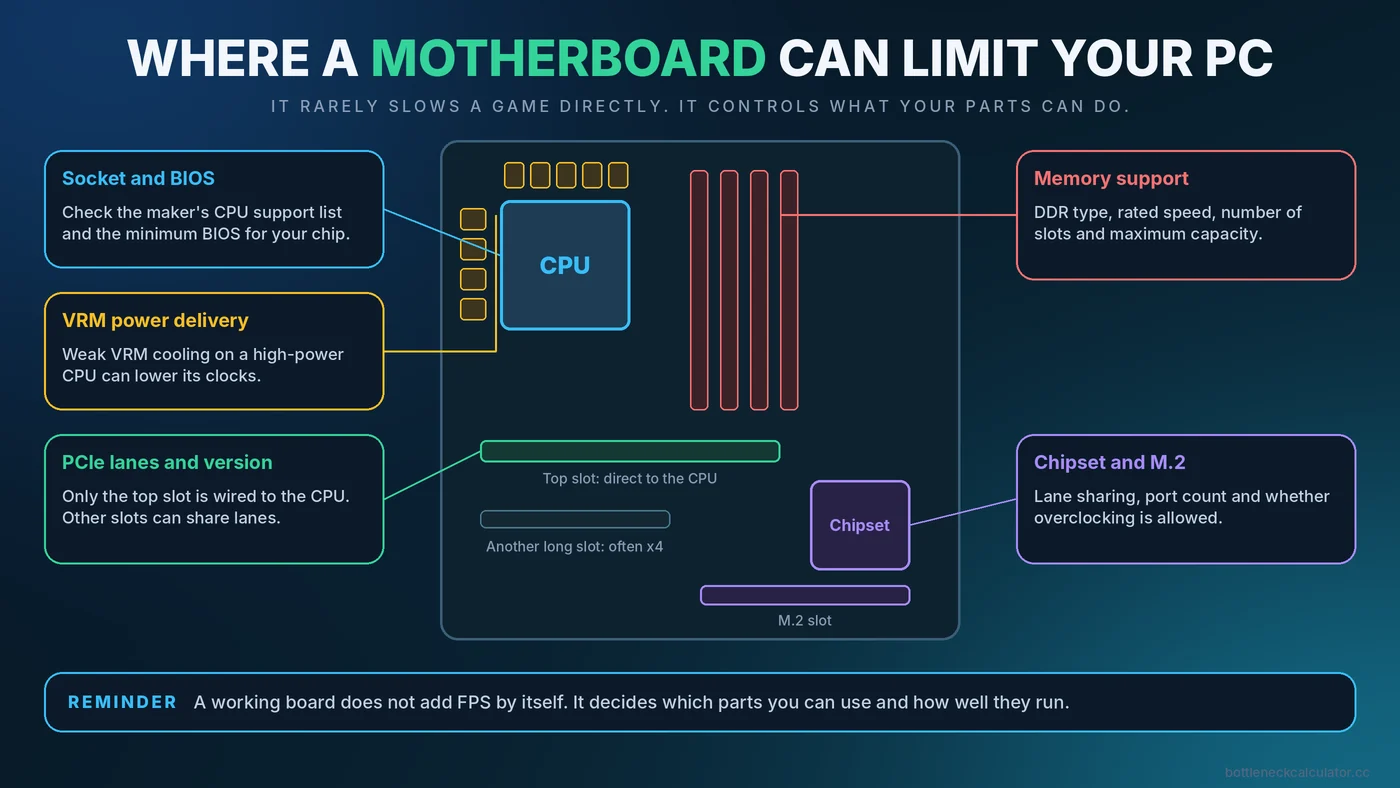 Annotated motherboard diagram showing where socket and BIOS, VRM, memory, PCIe lanes and chipset can limit a PC