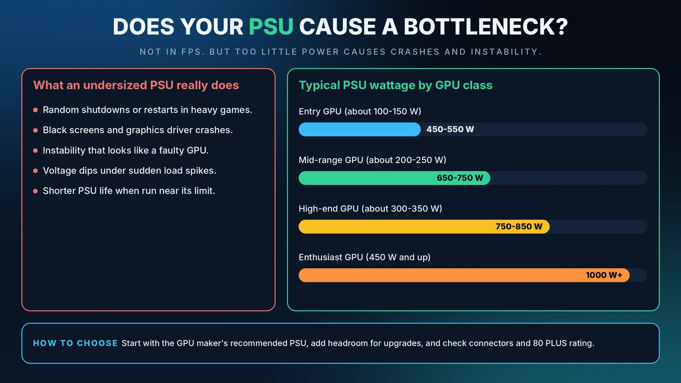 Infographic explaining that a PSU does not bottleneck FPS but an undersized one causes crashes, with typical PSU wattage ranges by graphics card class