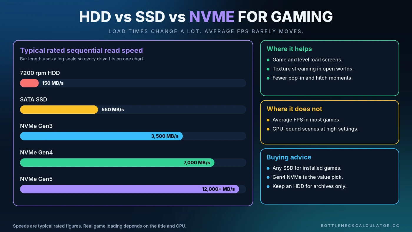 Bar chart comparing typical read speeds of a 7200 rpm hard drive, SATA SSD and NVMe Gen3, Gen4 and Gen5 drives for gaming, with notes on where storage helps