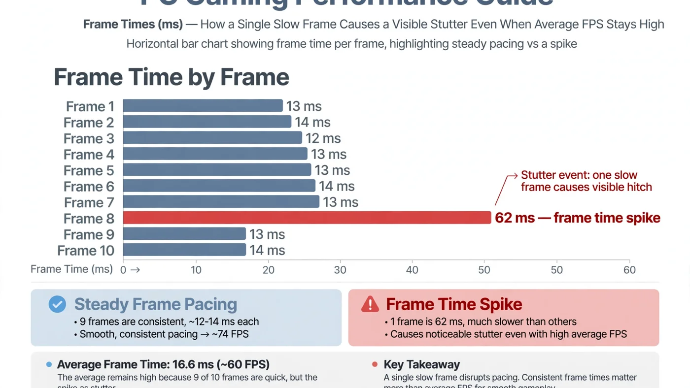 Illustrative frame time bar chart: nine short, even bars of about 12 to 14 milliseconds labelled steady frame pacing, interrupted by one tall red bar of 62 milliseconds labelled a frame time spike that causes a visible stutter, showing how a single slow frame disrupts smoothness even when average FPS stays high