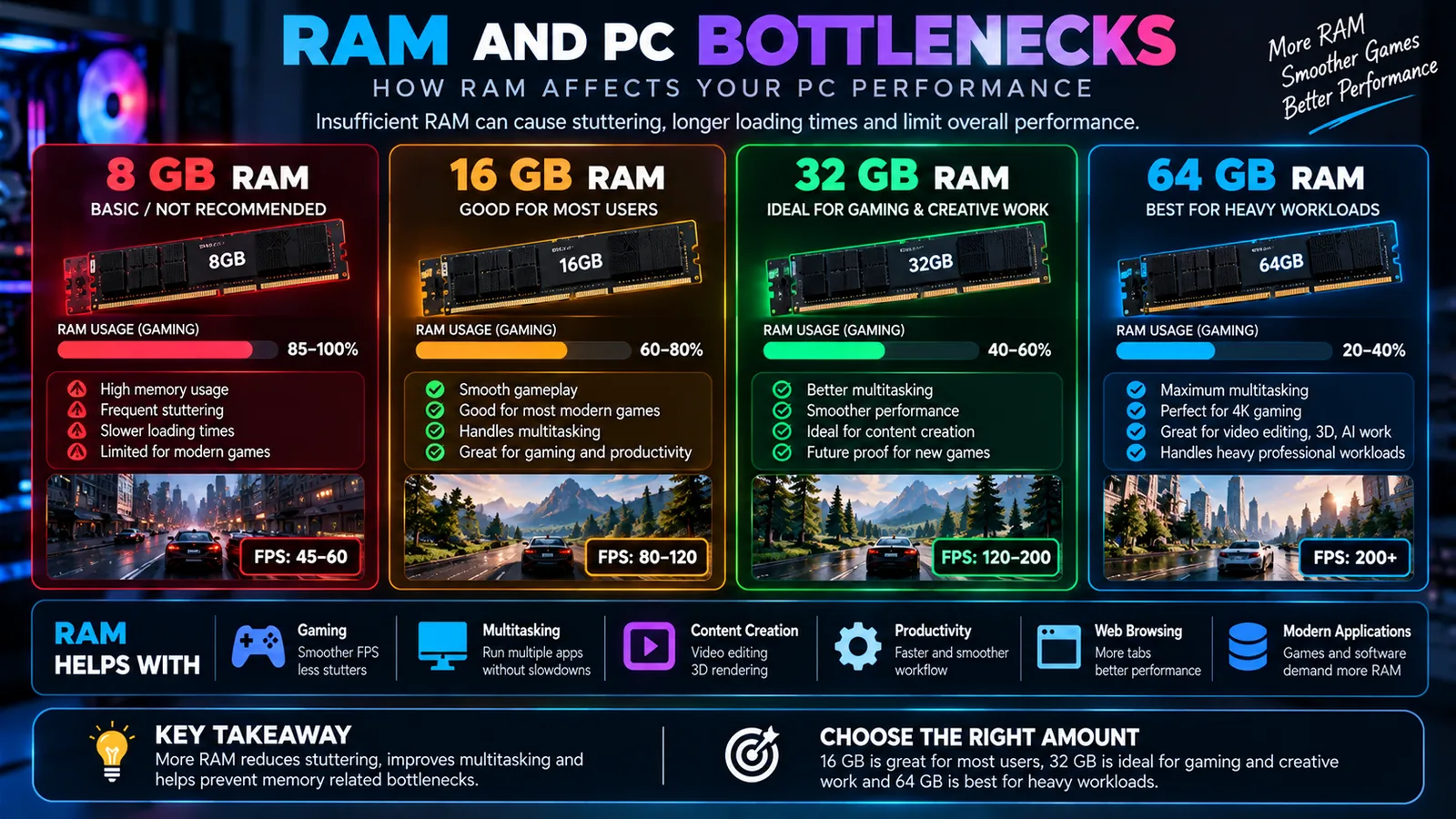 Chart showing the difference in game performance when using 8GB, 16GB, 32GB, and 64GB of RAM