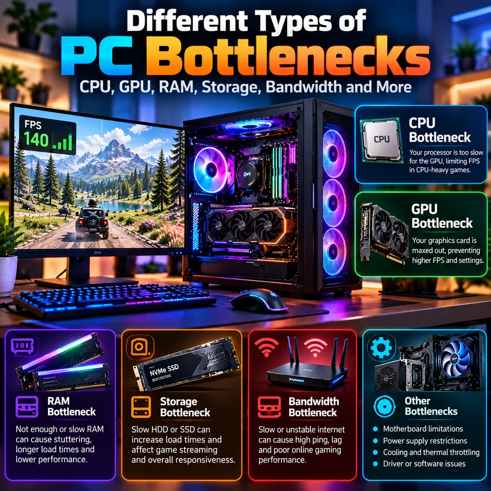Infographic of different types of PC bottlenecks including CPU, GPU, RAM, storage, bandwidth, and other limits such as motherboard, power supply, cooling and drivers, beside a gaming PC showing 140 FPS